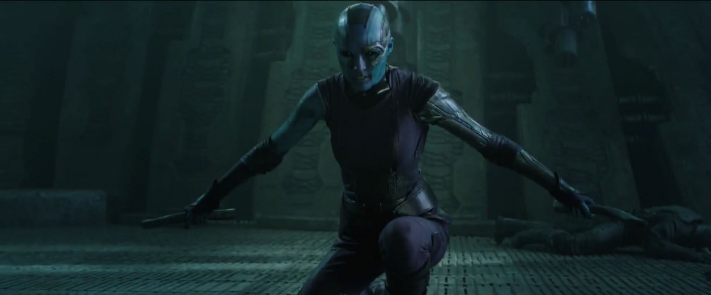 Our first real looks at Nebula, the bald, blue-skinned villain played by ‘Doctor Who‘ star Karen Gillan