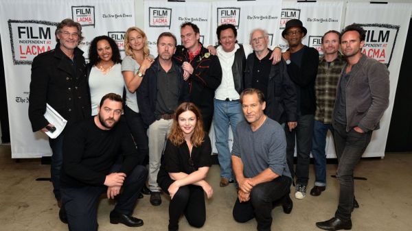 Image courtesy of Variety.com. Film Independent Presents the World Premiere of a Staged Reading by Quentin Tarantino’s “The Hateful Eight,” pictured clockwise from top: Kurt Russell, Dana Gourrier, Zoe Bell, Tim Roth, Quentin Tarantino, Michael Madsen, Bruce Dern, Samuel L. Jackson, James Parks, Walton Goggins, James Remar, Amber Tamblyn and Denis Menochet.