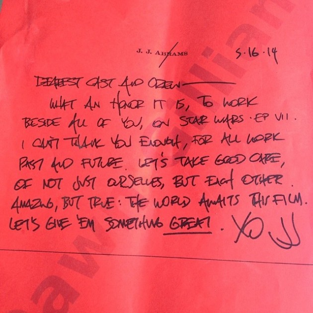 J.J. Abrams Note sent to Star Wars Episode 7 Cast and Crew